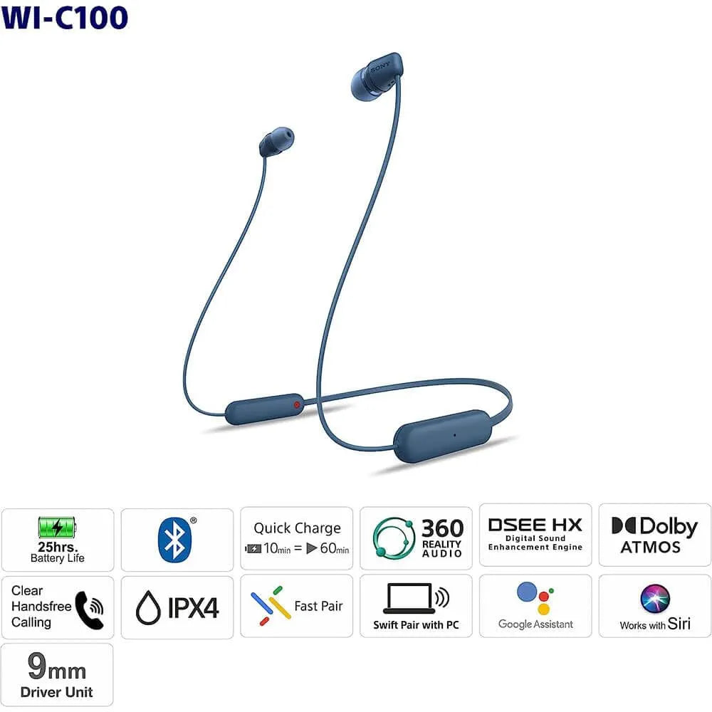 Sony WI-C100 Wireless Headphones with Customizable Equalizer for Deep Bass & 25 Hrs Battery, DSEE-Upscale, Splash Proof, 360RA, Fast Pair, in Ear Bluetooth Headset with Mic for Phone Calls
