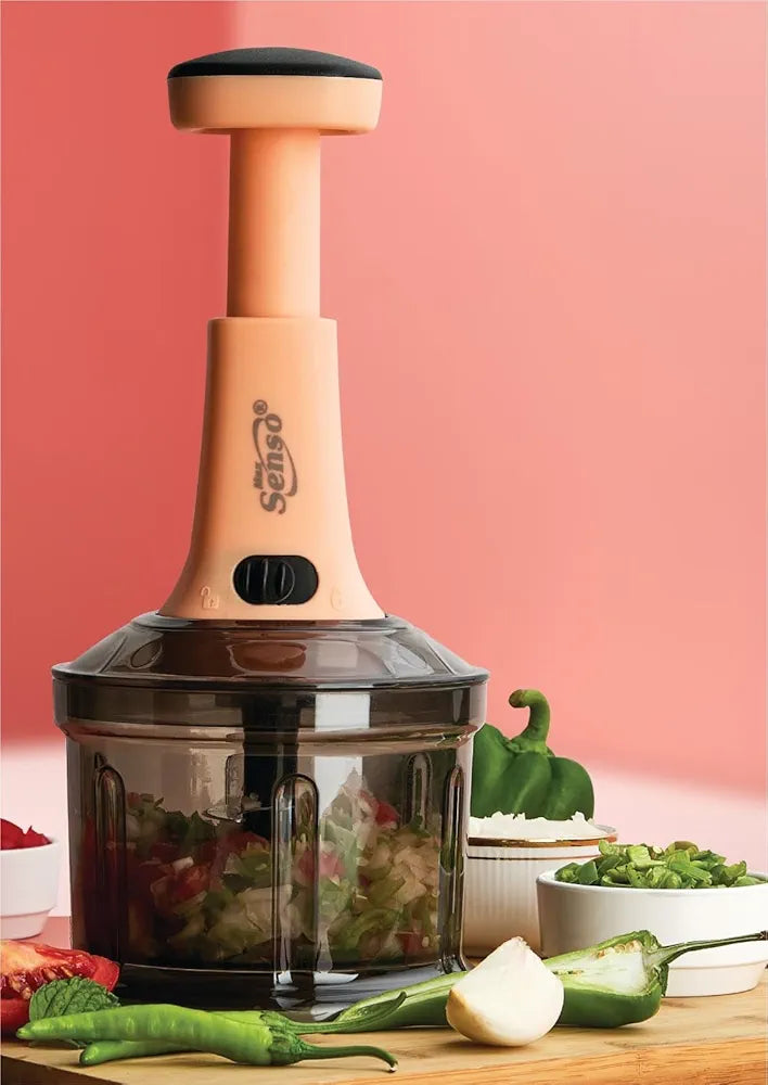 Max Senso Twirl Push Chopper, Large Vegetable Chopper with 4 Blades, Manual Chopper for Kitchen Use with Anti-Skid Base/Unbreakable Body/BPA Free Orange