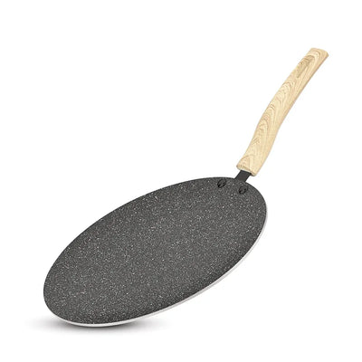 BERGNER Earth Black Non-Stick 26 cm Concave Tawa, Wooden Finish Soft Touch Handle, 3mm Thickness, Consumes Less Oil, Even Heat Distribution, White Marble Splatter, Induction Bottom and Gas Ready