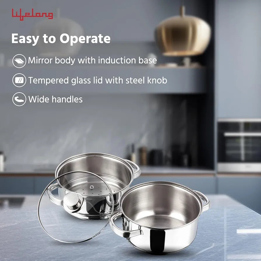 Lifelong 2-Tier Steamer/Momo/Modak Maker | Induction Compitable with Glass Lid & Riveted Handles | 20 cm Stainless Steel Multi-Purpose Cooking Steamer