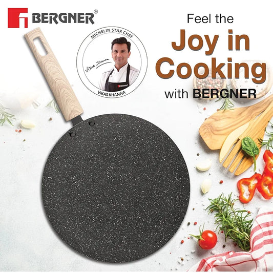 BERGNER Earth Black Non-Stick 26 cm Concave Tawa, Wooden Finish Soft Touch Handle, 3mm Thickness, Consumes Less Oil, Even Heat Distribution, White Marble Splatter, Induction Bottom and Gas Ready