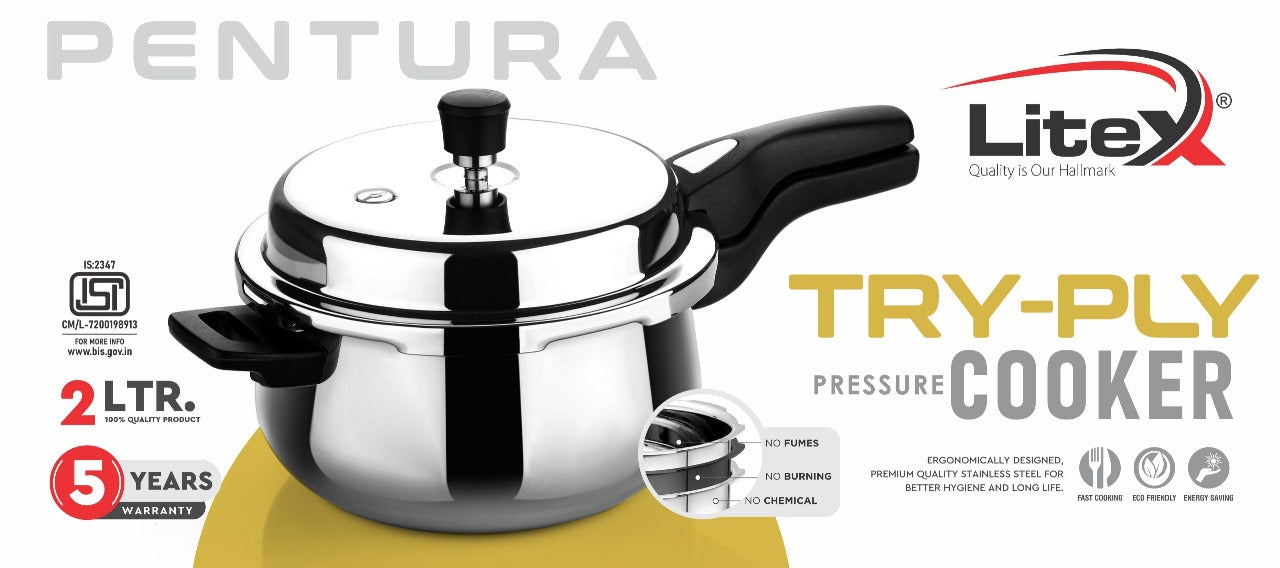 Litex Triply Stainless Steel Pressure Cooker | Induction Compatible | Outer Lid with Safety Lock | Stay-Cool Handles