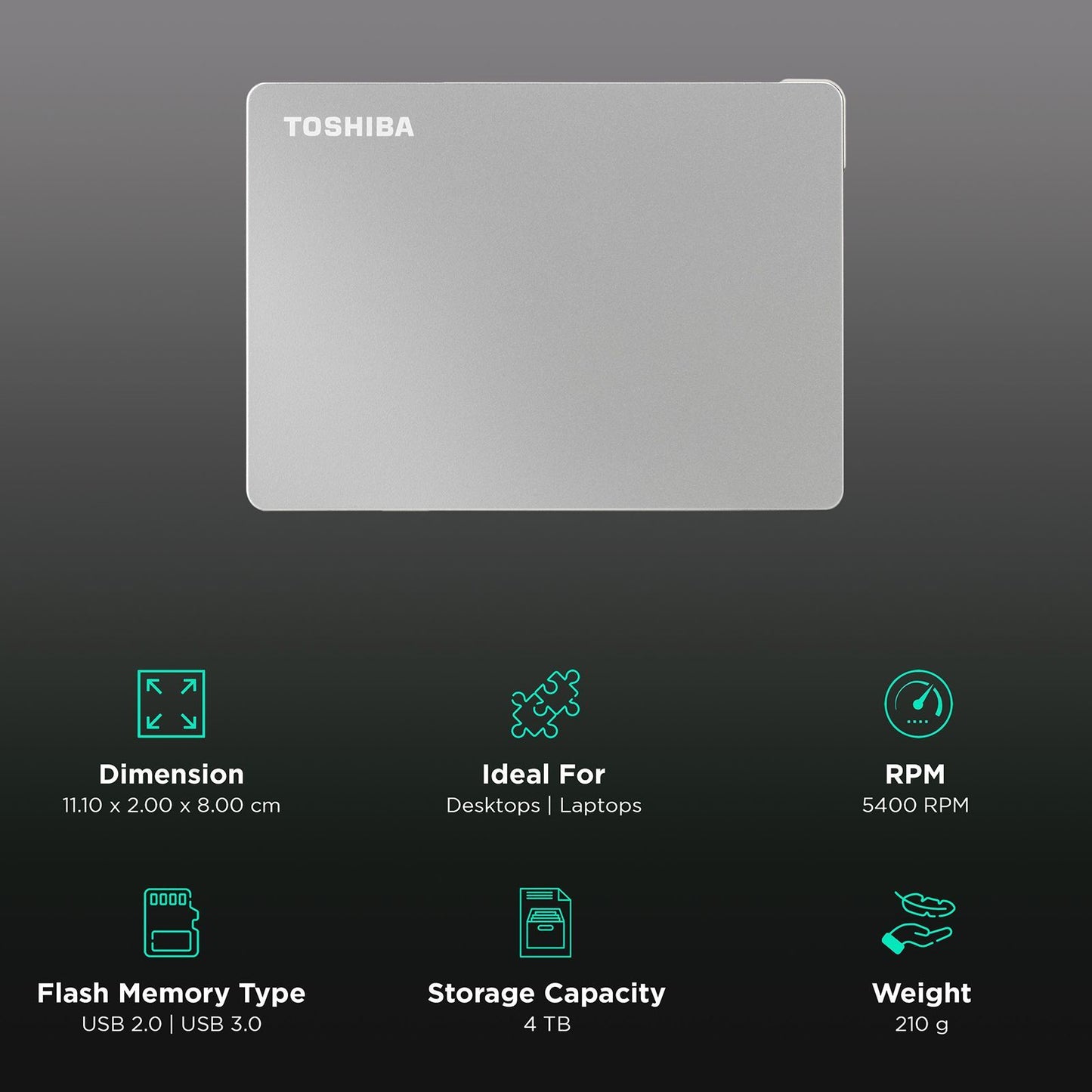 TOSHIBA Canvio Flex 4TB USB 3.0/USB 2.0 Hard Disk Drive (Cross-Device Compatibility, HDTX140ASCCA, Silver)