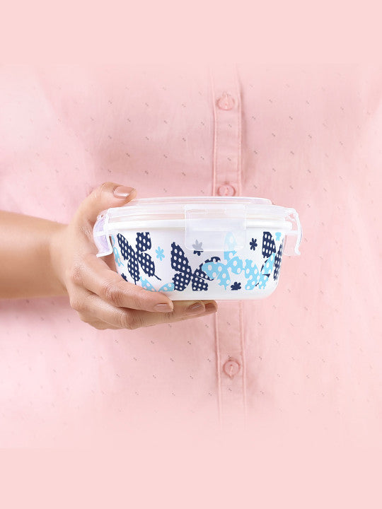 Larah by BOROSIL Veera White & Blue 3 Pcs Printed Leak Proof Lunch Box With Bag 400ml Each