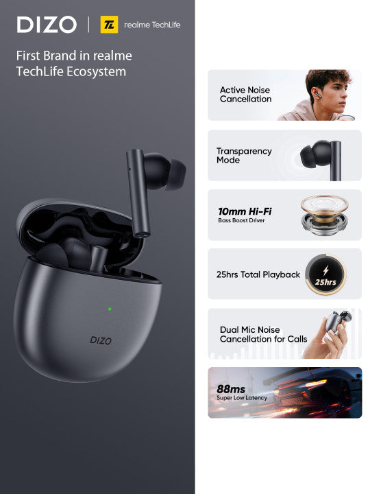 DIZO Gopods with Active Noise Cancellation by realme TechLife- Smokey Grey , True Wireless