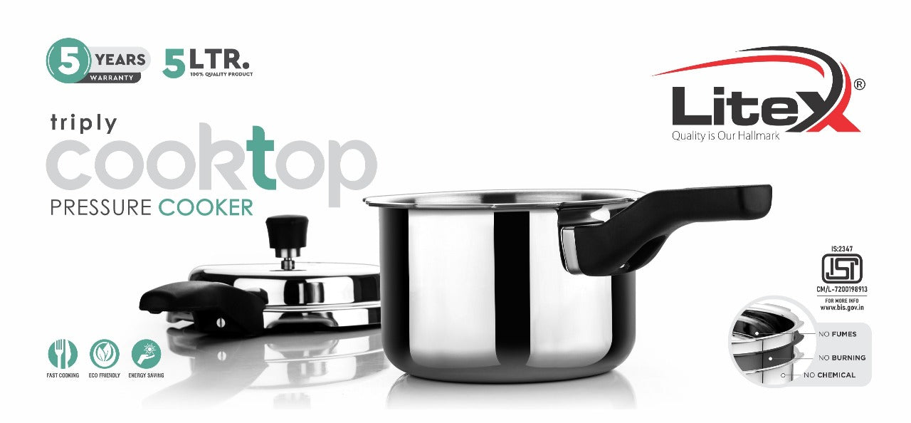 Litex Triply Stainless Steel Pressure Cooker | Induction Compatible | Outer Lid with Safety Lock | Stay-Cool Handles