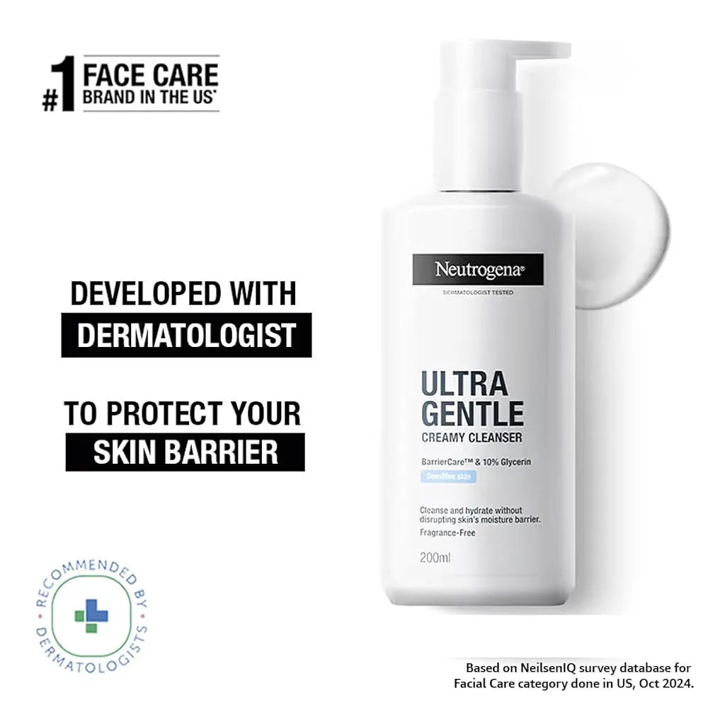 Neutrogena Ultra Gentle Creamy Cleanser | 14X Gentler Cleanser | All Skin Types Including Sensitive Skin | Face Wash for Sensitive Skin for Men & Women | With Barriercare Technology & 10% Glycerin | Paraben-Free