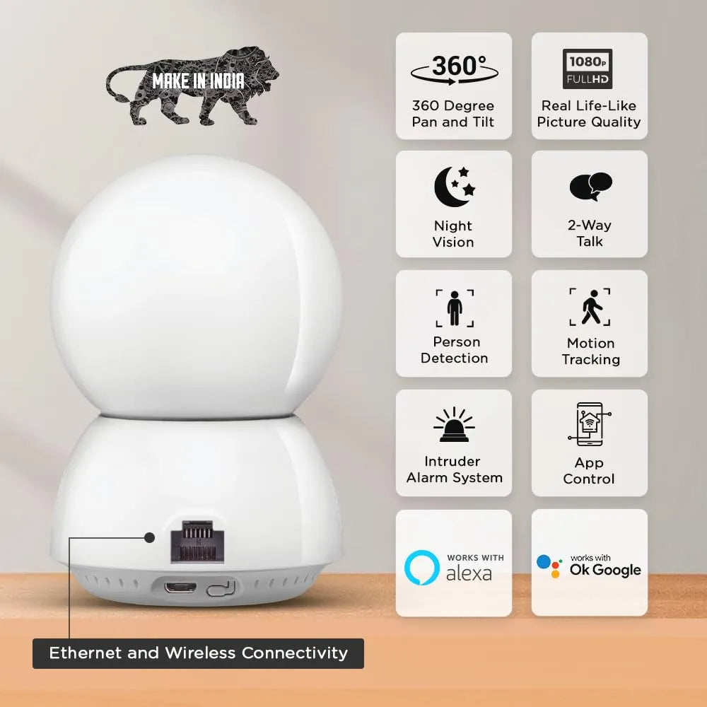 Qubo Smart Cam 360 Ultra WiFi CCTV Security Camera for Home from Hero Group | 2MP 1080p Full HD | Ethernet Option | 2-Way Talk |Mobile App | Night Vision | Cloud & SD Card Recording | Made in India