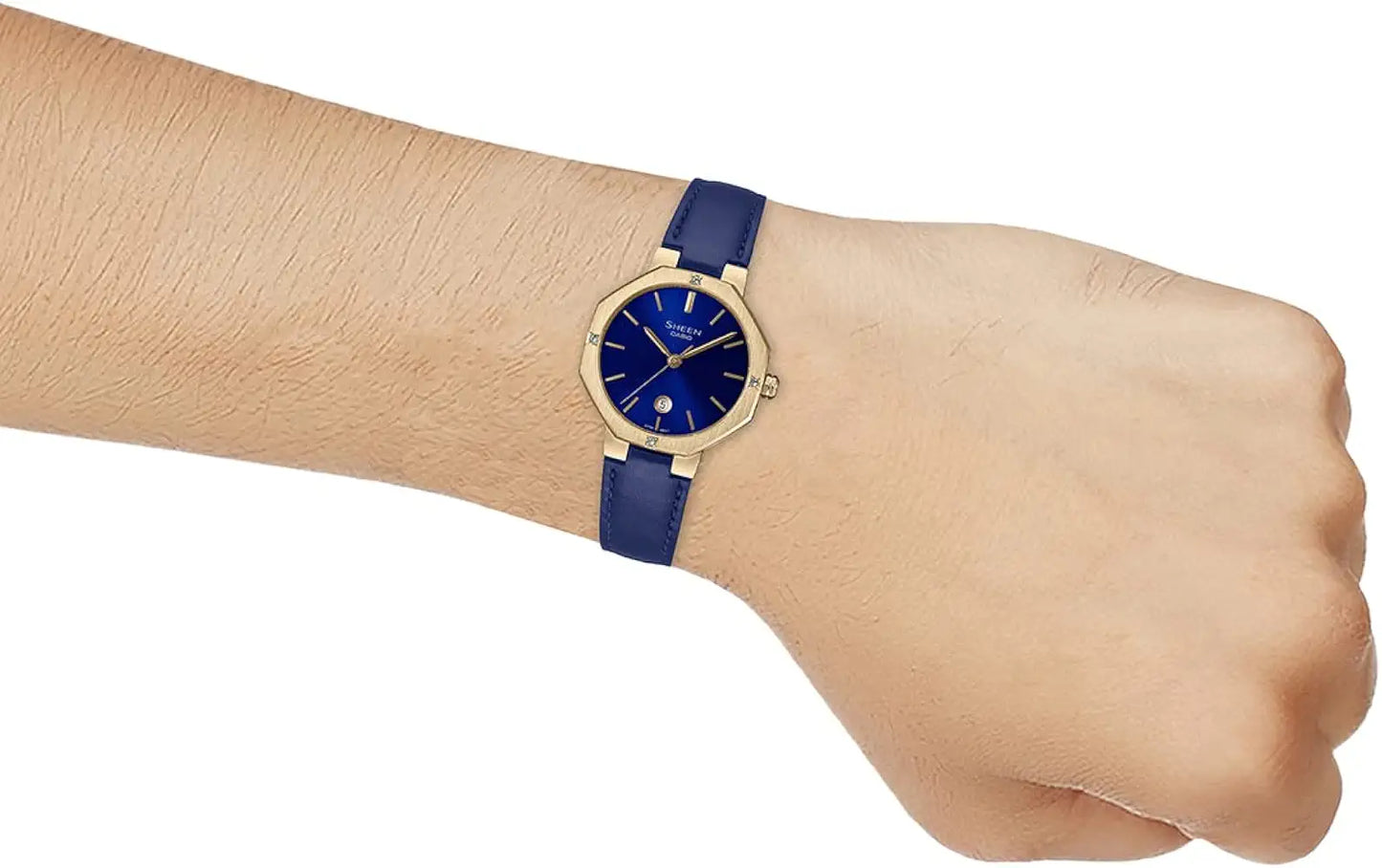 Casio Women Leather Analog Blue Dial Watch-She-4543Gl-2Audf, Band Color-Blue