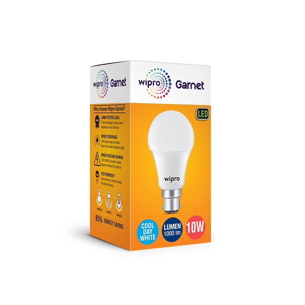 wipro Garnet 10W LED Bulb for Home & Office |Cool Day White  | B22 Base|220 degree Light coverage |4Kv Surge Protection |400V High Voltage Protection |Energy Efficient | Pack of 1