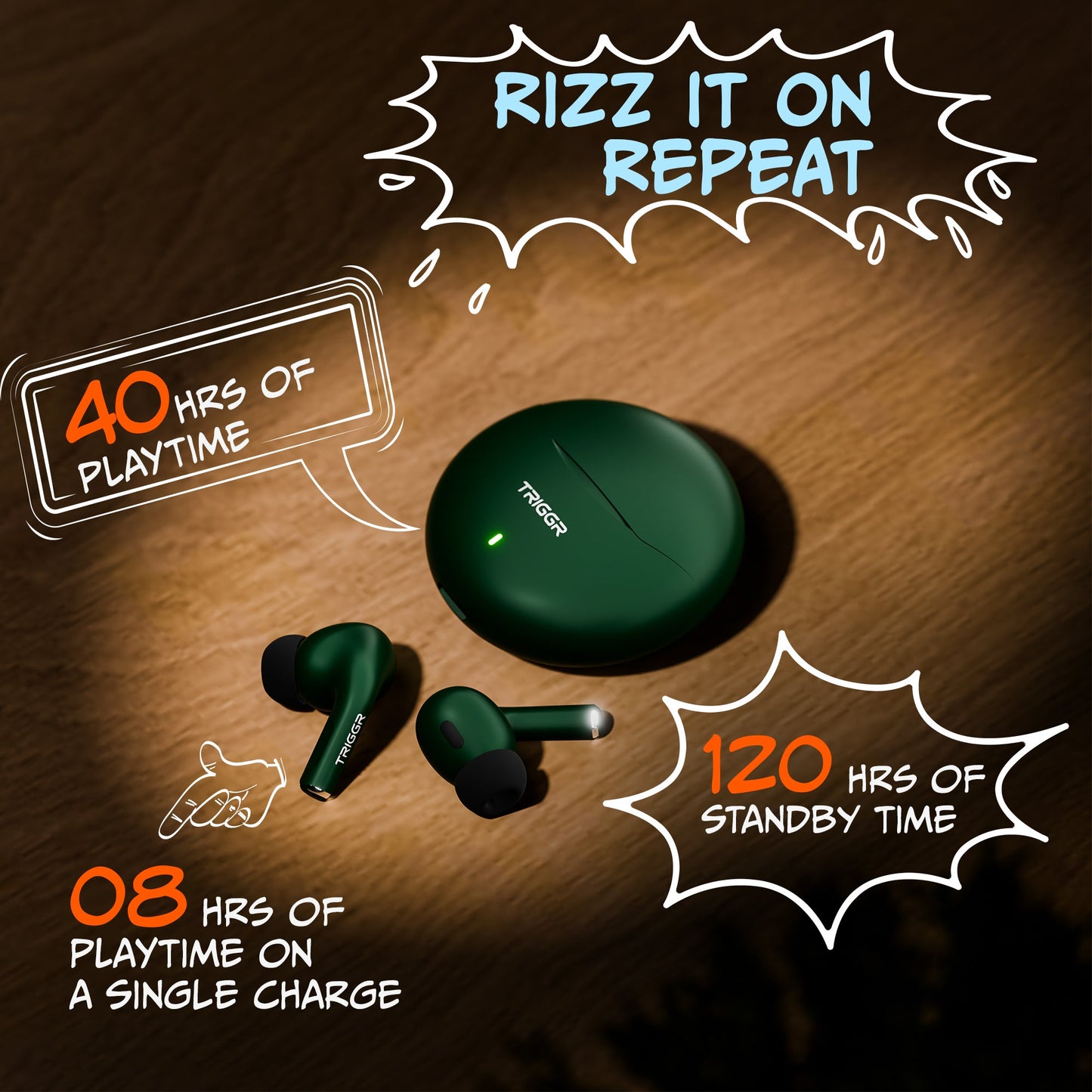 TRIGGR Rizz with 40H Playback, Spherical Design, 13mm Drivers, Rich Bass, Fast Charging, Bluetooth v5.3