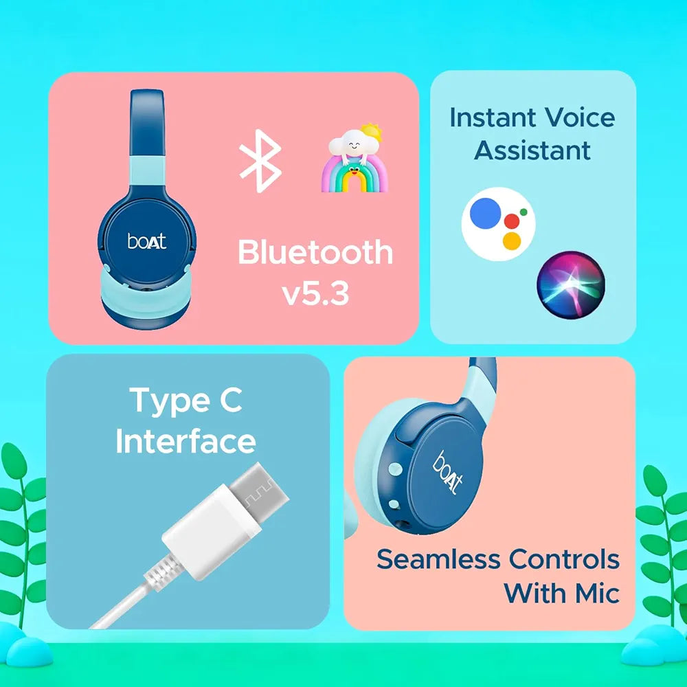 boAt Rockid Rush Wireless Headphones for Kids with Up to 10 hrs Playtime, 30mm Tuned Drivers, Bluetooth v5.3, Instant Voice Assistant, Lightweight Design & USB Type-C Interface