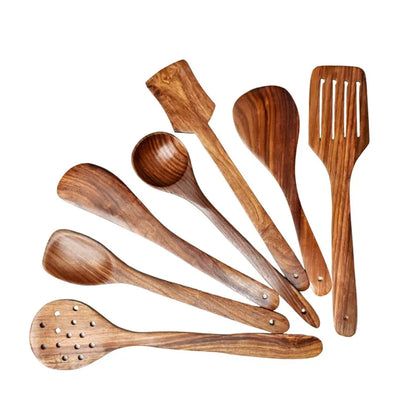 ECOMIFY Natural Wooden Spoons Set and Spatula for Cooking, Sleek, Sold and Non-Stick Cookware for Nonstick Cookware Kitchen Utensils and Cooking Spoon Set of 7