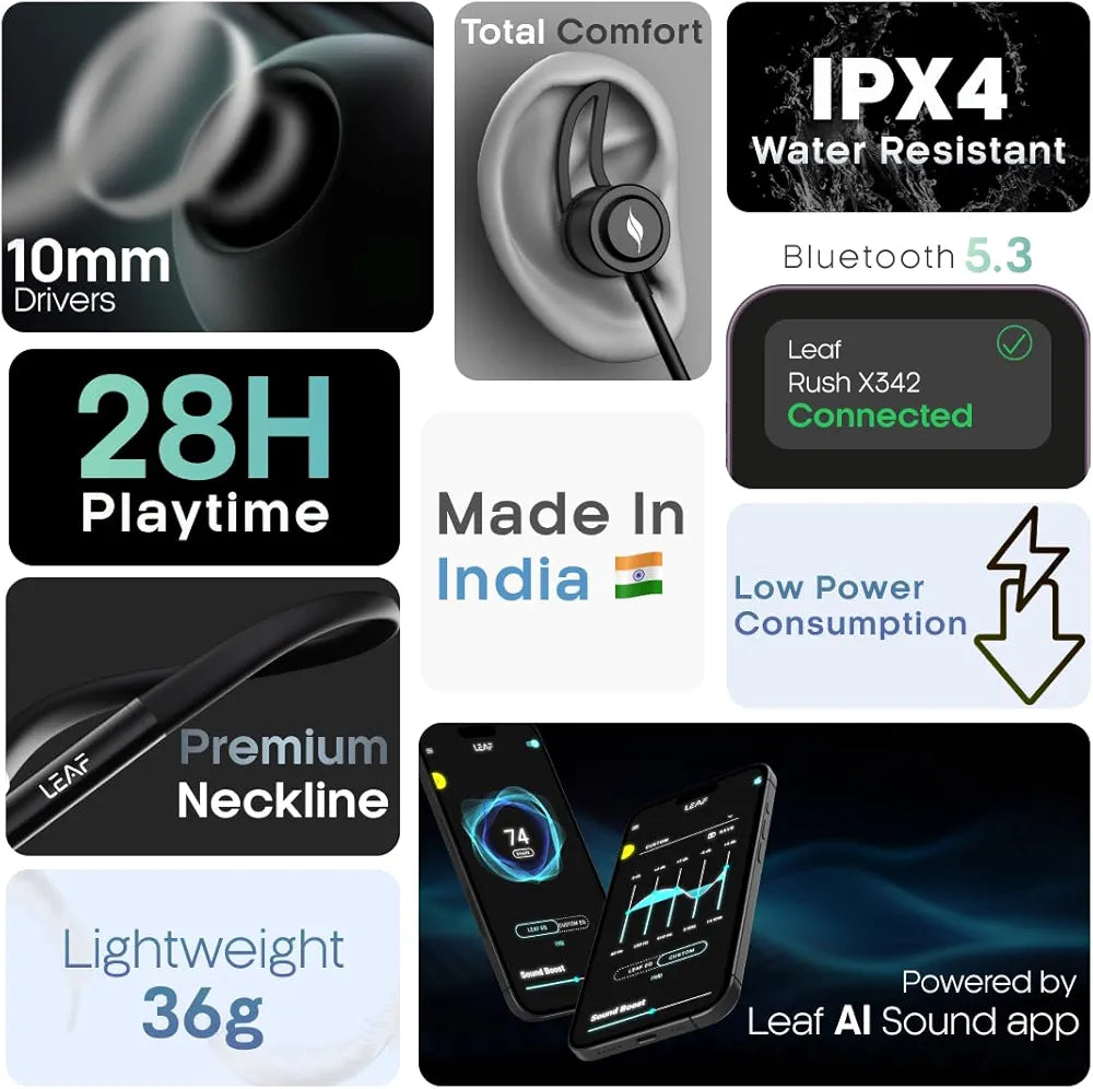 Leaf Rush X342 in Ear Neckband with Ai Sound App, 28H Playtime, Silicon Neckline, 3 Eq Modes , Fast Charging , 10Mm Driver, Ipx4, Bluetooth V5.3 
