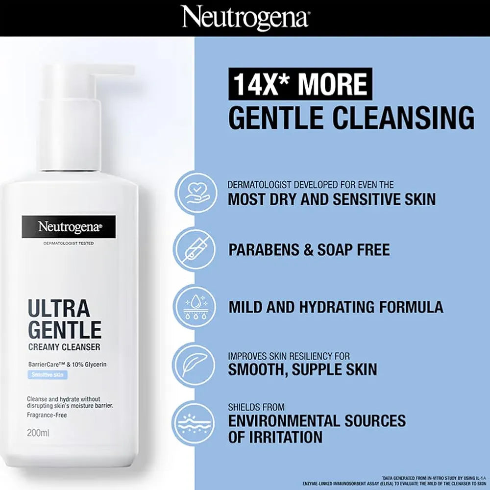 Neutrogena Ultra Gentle Creamy Cleanser | 14X Gentler Cleanser | All Skin Types Including Sensitive Skin | Face Wash for Sensitive Skin for Men & Women | With Barriercare Technology & 10% Glycerin | Paraben-Free