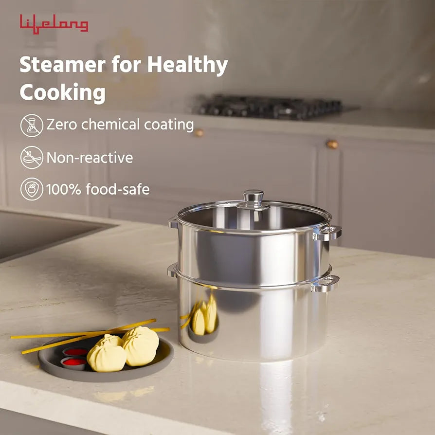 Lifelong 2-Tier Steamer/Momo/Modak Maker | Induction Compitable with Glass Lid & Riveted Handles | 20 cm Stainless Steel Multi-Purpose Cooking Steamer 