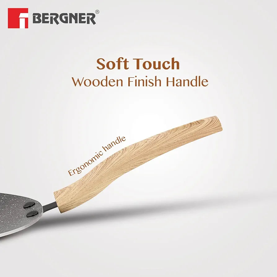 BERGNER Earth Black Non-Stick 26 cm Concave Tawa, Wooden Finish Soft Touch Handle, 3mm Thickness, Consumes Less Oil, Even Heat Distribution, White Marble Splatter, Induction Bottom and Gas Ready
