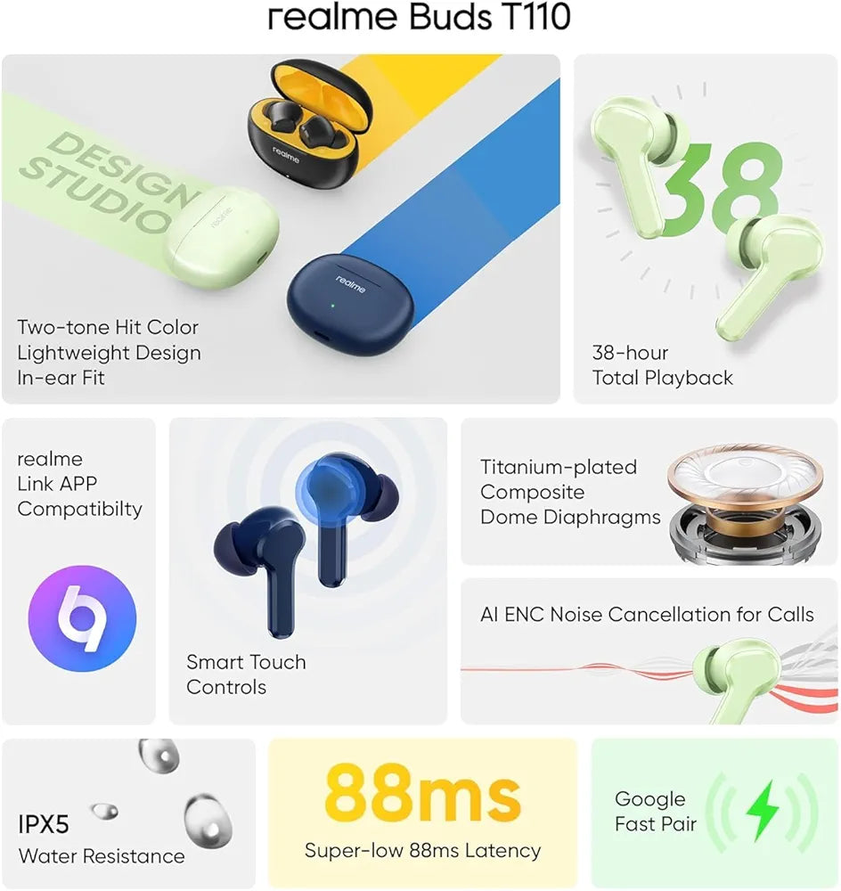 Real Me T110 Buds | 50dB Active Noise Cancellation, Hi-Res LHDC Audio, 12.4mm Dynamic Bass Driver, 6 Mic Clear Voice Calls, 51,IP55 Waterproof,TWS for Apple & Android 