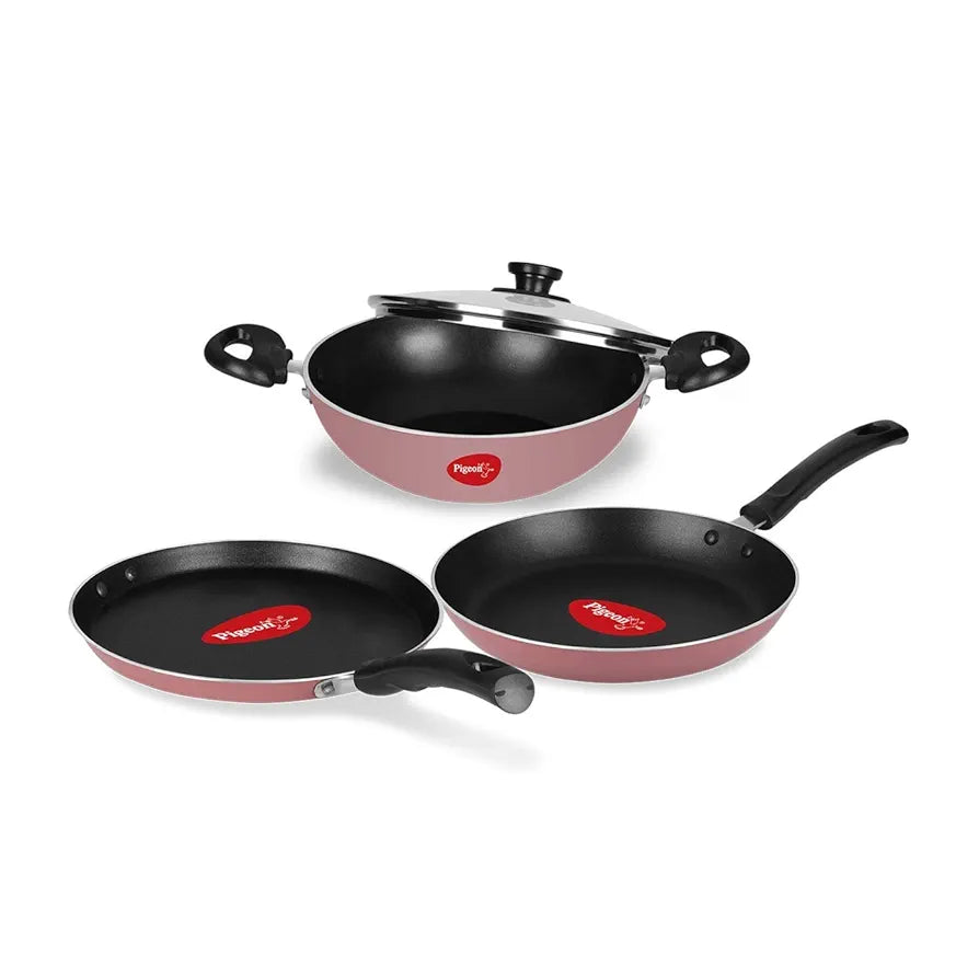 Pigeon Basics Non Induction Base Nons tick Aluminium Cookware set, including Nonstick Dosa Tawa, Nonstick Kadai With Glass Lid, and Nonstick Frying Pan, 