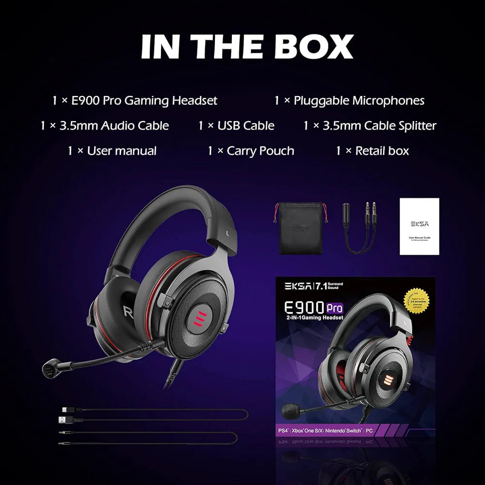 EKSA E900Pro Gaming Wired Over Ear Headphones with Virtual 7.1 Surround Sound, Noise Cancelling with Mic & Led, Compatible with PC, PS4, PS5, Xbox One