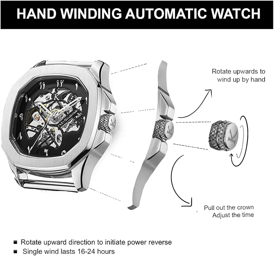 Kredo Men OTUS Malik Silver Mechanical Automatic Skeleton Analogue Self-Winding Water Resistant Stainless Steel Wrist Watch-KW073 | Octagonal Dial Mesh Stainless Steel Strap | Designed in Amsterdam