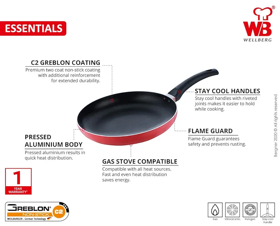 Wellberg Essential Press Aluminium Non Stick Fry Pan, 24 cm, Red