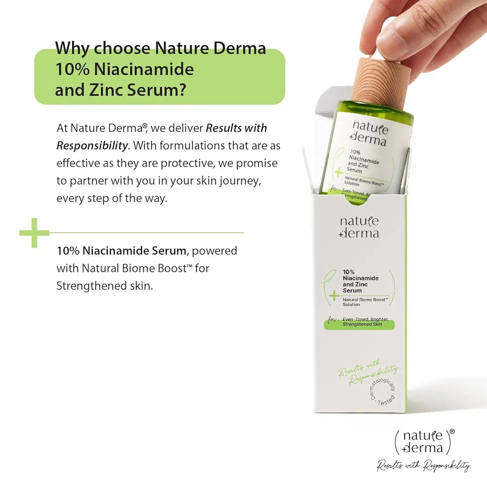 Nature Derma 10% Niacinamide & Zinc Serum with Natural Biome-Boost™ | Reduces Pores and Dark spots | Brighter, Even Toned and Strengthened Skin | 30ml | Dermatologically Tested