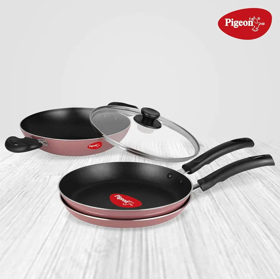 Pigeon Basics Non Induction Base Nons tick Aluminium Cookware set, including Nonstick Dosa Tawa, Nonstick Kadai With Glass Lid, and Nonstick Frying Pan, 