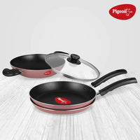 Pigeon Basics Non Induction Base Nons tick Aluminium Cookware set, including Nonstick Dosa Tawa, Nonstick Kadai With Glass Lid, and Nonstick Frying Pan, 