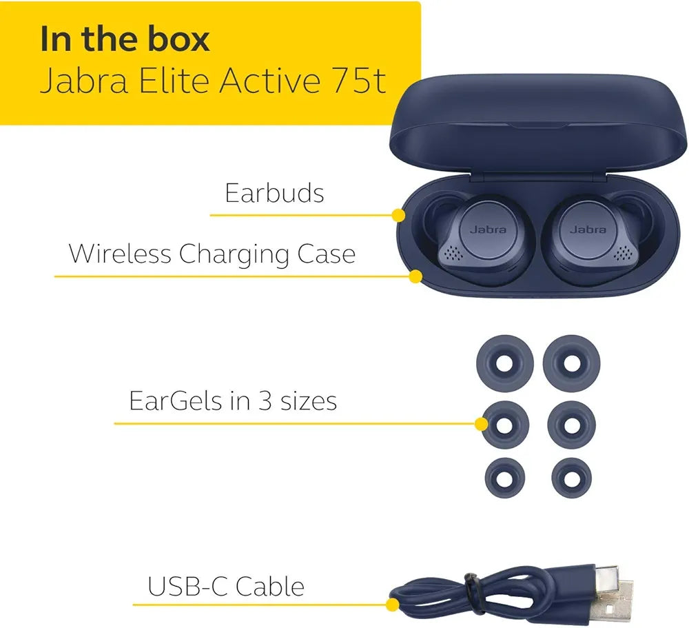 Jabra Elite Active 75t Earbuds - Active Noise Cancelling Wireless Sports Earbuds with Long Battery Life - in Ear True Wireless Sports Earphones for Calls and Music - Navy