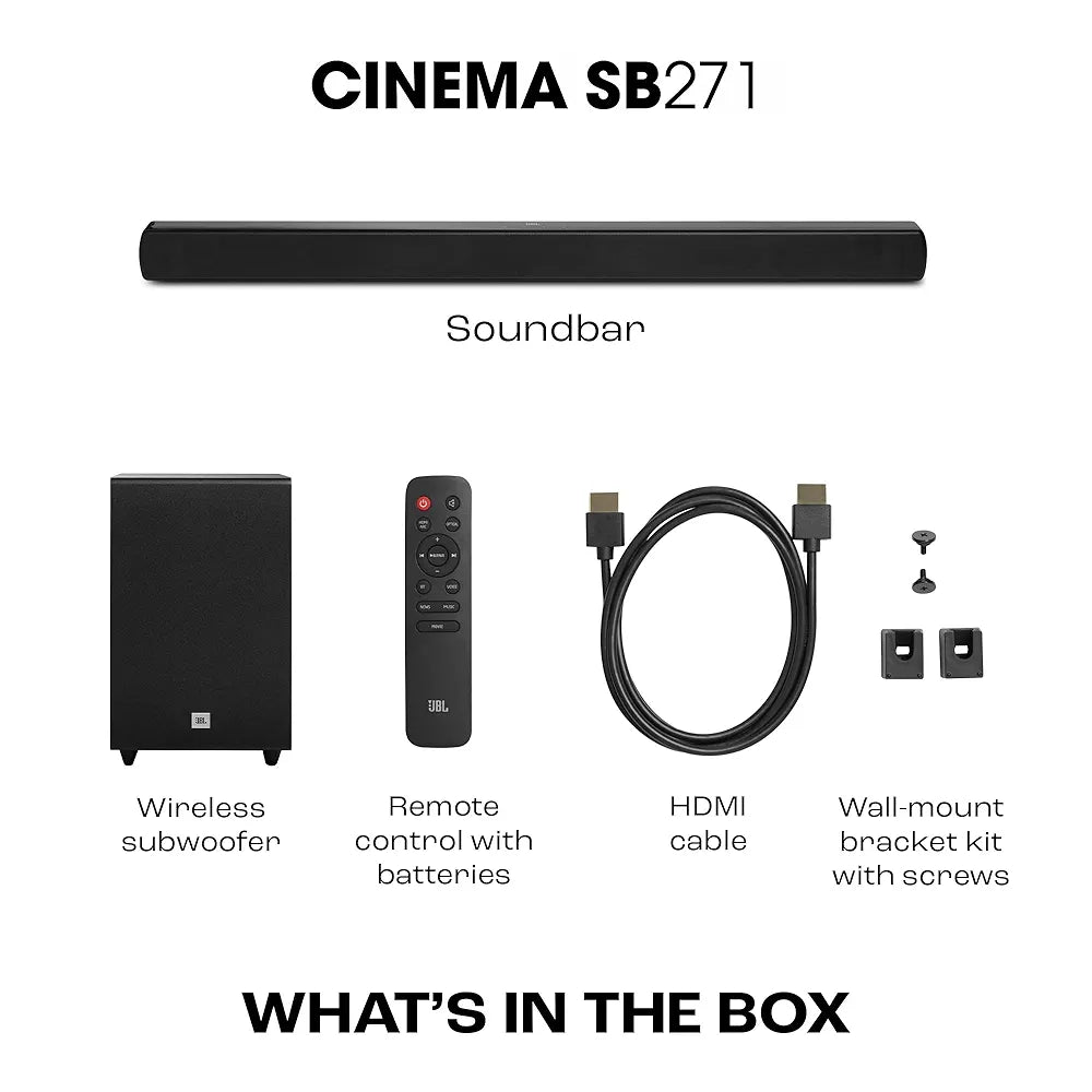 JBL Cinema SB271, Dolby Digital Soundbar with Wireless Subwoofer for Extra Deep Bass, 2.1 Channel Home Theatre with Remote, HDMI ARC, Bluetooth & Optical Connectivity 