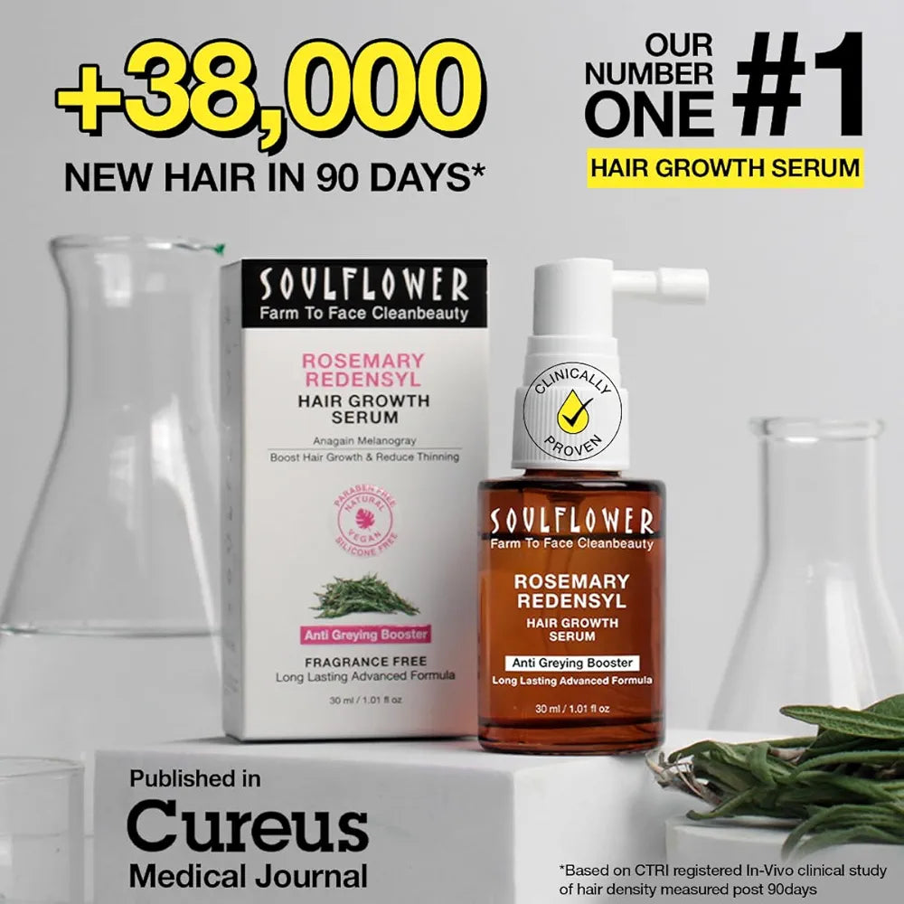 Soulflower Hair Growth Serum, Rosemary Oil, 3% Redensyl, 4% Anagain, Caffeine, Melanogray, Biotin, Rice Water, Clinically Tested on Real people, Hair growth & Hair fall control for Women & Men | 30ml