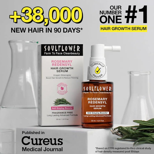 Soulflower Hair Growth Serum, Rosemary Oil, 3% Redensyl, 4% Anagain, Caffeine, Melanogray, Biotin, Rice Water, Clinically Tested on Real people, Hair growth & Hair fall control for Women & Men | 30ml