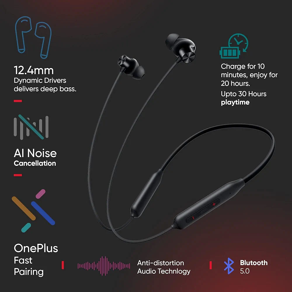 OnePlus Bullets Z2 Bluetooth Wireless in Ear Earphones with Mic, Bombastic Bass - 12.4 Mm Drivers, 10 Mins Charge - 20 Hrs Music, 30 Hrs Battery Life 