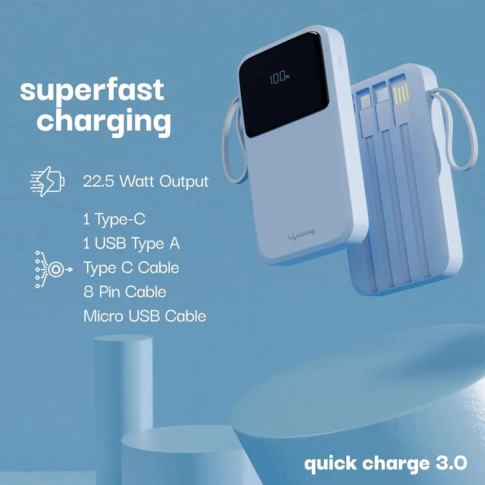 Lifelong Electronics 10000mAh 22.5W Fast Charging Power Bank | 3 Inputs  | 6 Outputs  | QC 3.0 Powerbank