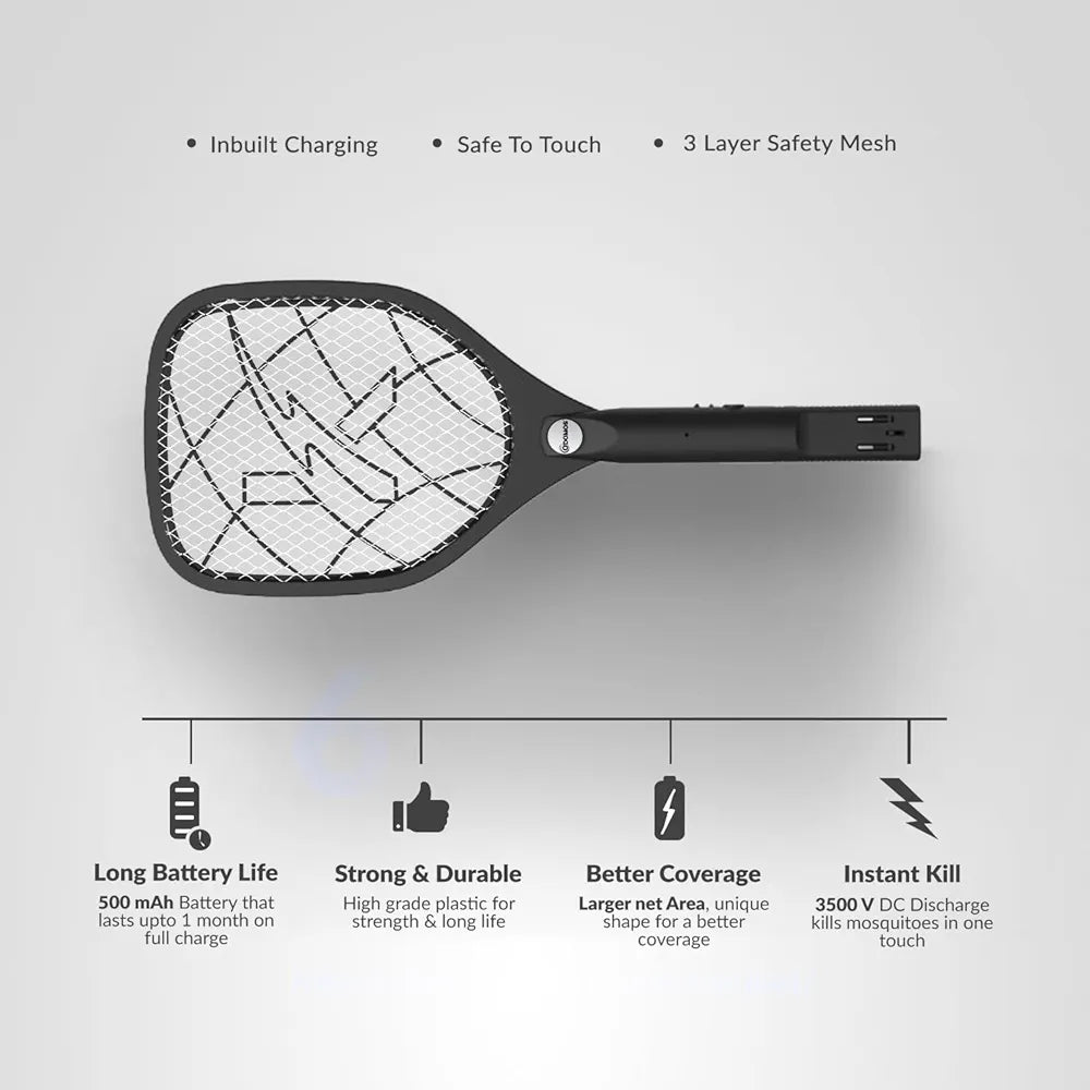 Odomos Attack Anti - Mosquito Rechargeable Racquet | 500mAH Battery | Large Net Area for Better Coverage | Long Lasting Internal Battery with Plug in Socket | 6 Months Warranty 
