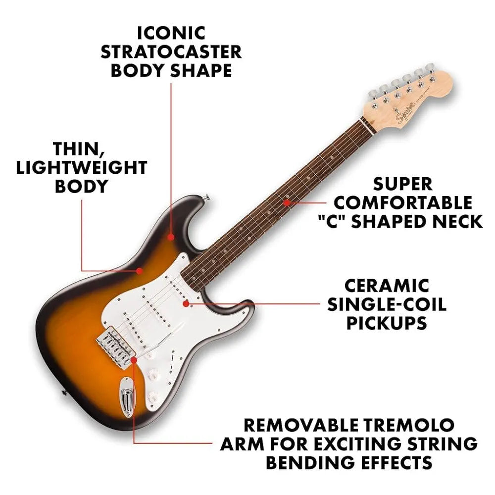 Fender Squier Debut Series Stratocaster Poplar Electric Guitar With Gig-Bag, Polishing Cloth, Strap, Picks & E-Book - 2-Color Sunburst