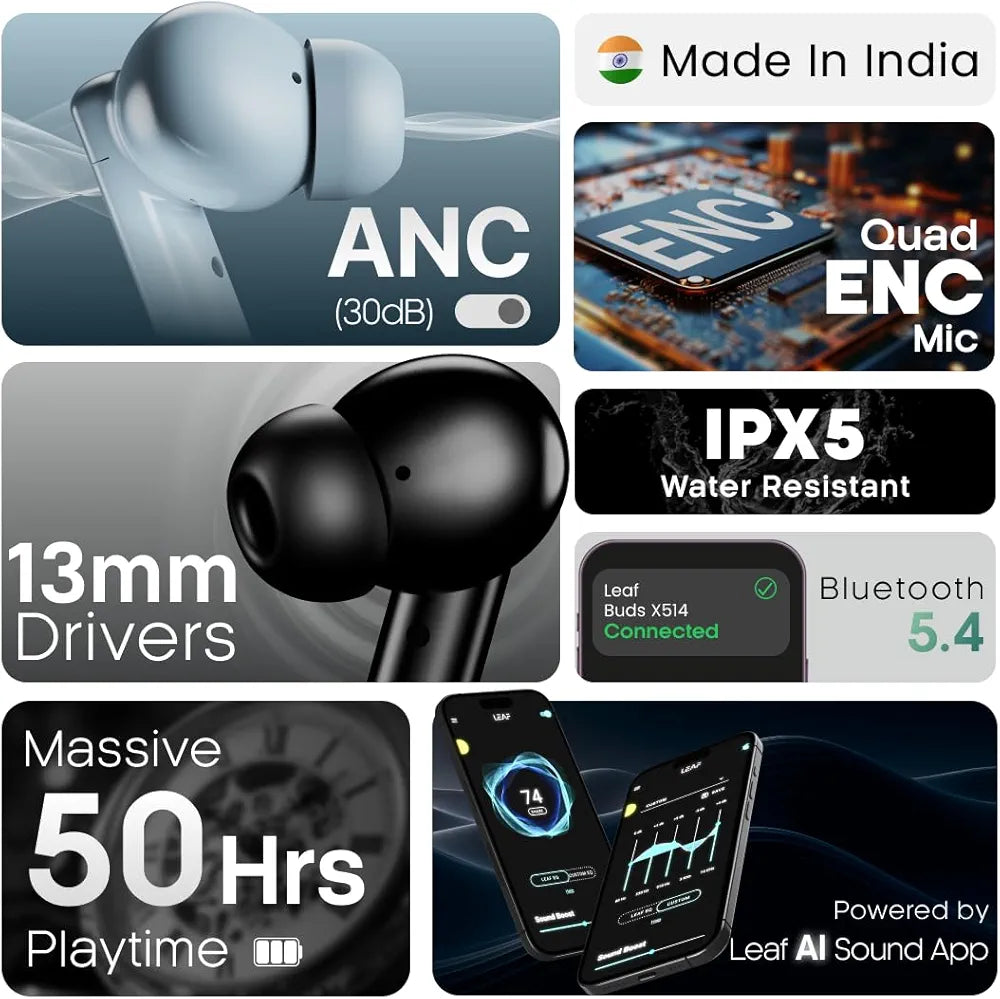Leaf Buds X514 True Wireless ANC in Ear Earbuds with AI Sound App,Active Noise Cancellation,Transparency Mode,70H Playtime,Quad Mic Enc,40Ms Low Latency,13Mm Driver, Ipx5, Bluetooth V5.4