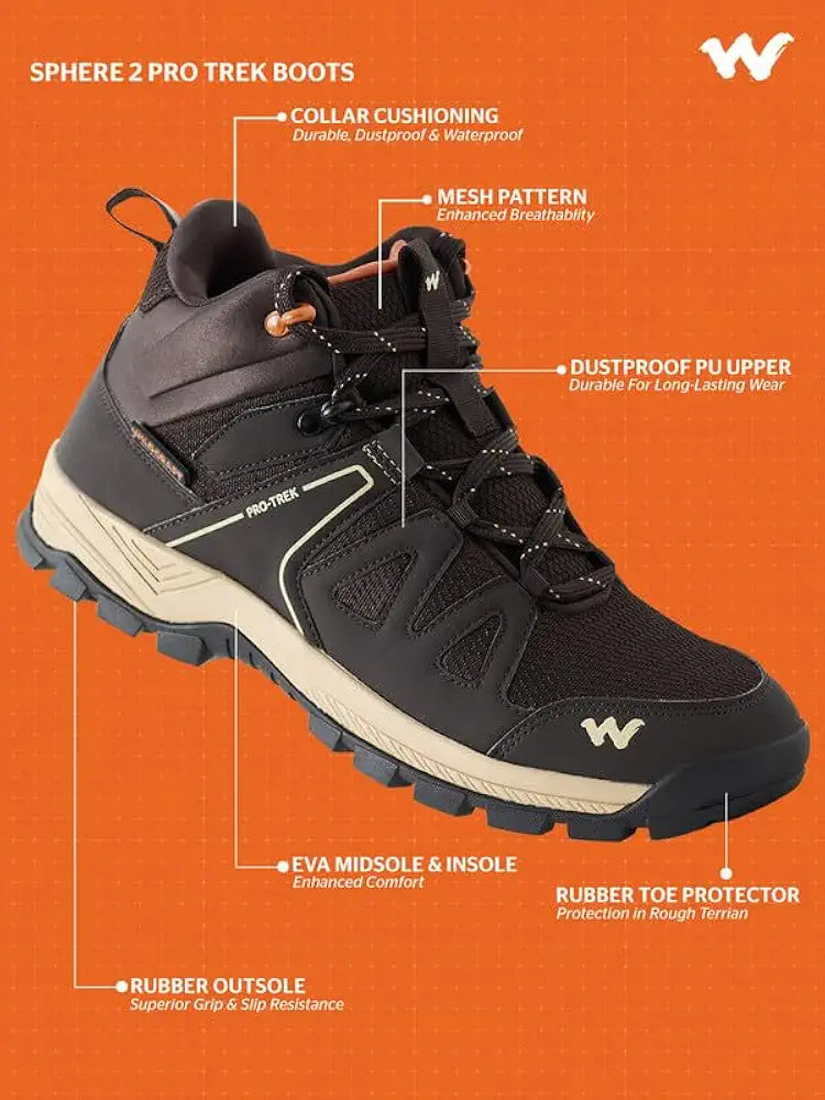 Wildcraft Water Repellent Trekking Shoes for Men | Hiking Shoes for Men for Outdoor | High Ankle Shoes | Anti Skid Boot | High Neck | EVA Insole | Black