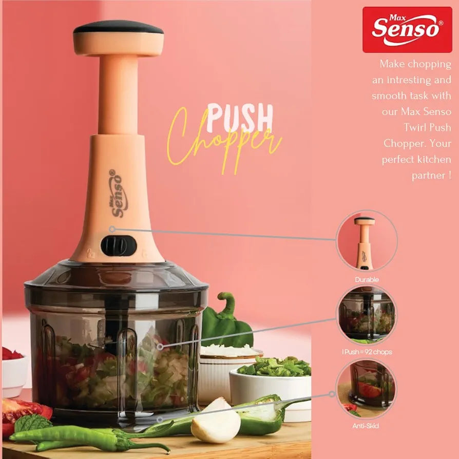 Max Senso Twirl Push Chopper, Large Vegetable Chopper with 4 Blades, Manual Chopper for Kitchen Use with Anti-Skid Base/Unbreakable Body/BPA Free  Orange
