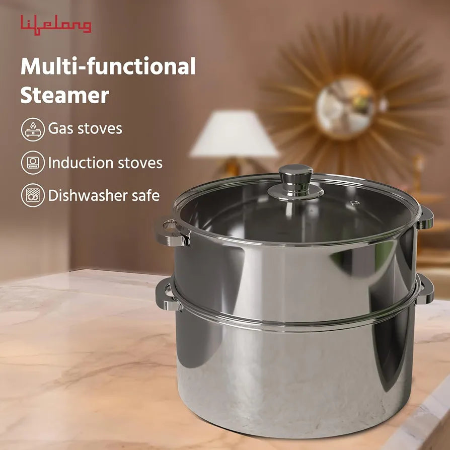 Lifelong 2-Tier Steamer/Momo/Modak Maker | Induction Compitable with Glass Lid & Riveted Handles | 20 cm Stainless Steel Multi-Purpose Cooking Steamer 