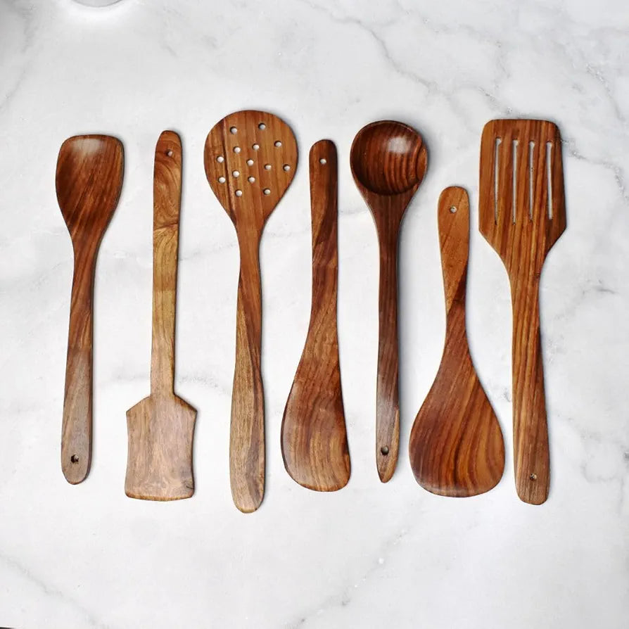 ECOMIFY Natural Wooden Spoons Set and Spatula for Cooking, Sleek, Sold and Non-Stick Cookware for Nonstick Cookware Kitchen Utensils and Cooking Spoon Set of 7