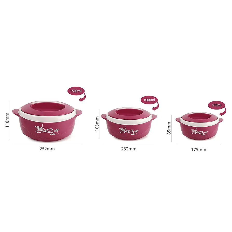 CELLO Sapphire Insulated Inner Steel Casserole Set of 3, Pink  | Hot Box for Kitchen | Hot Pot | Chapati Box | Locks in The Cold & Heat for Long | Serving Bowl with Lid |