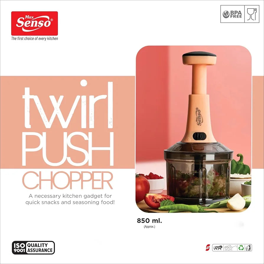 Max Senso Twirl Push Chopper, Large Vegetable Chopper with 4 Blades, Manual Chopper for Kitchen Use with Anti-Skid Base/Unbreakable Body/BPA Free  Orange