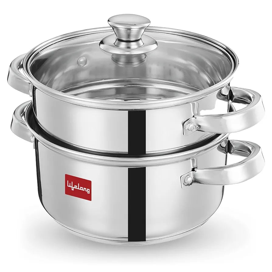 Lifelong 2-Tier Steamer/Momo/Modak Maker | Induction Compitable with Glass Lid & Riveted Handles | 20 cm Stainless Steel Multi-Purpose Cooking Steamer 