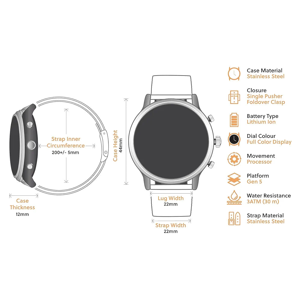 Fossil Gen 5 Carlyle Stainless Steel Touchscreen Men's Smartwatch with Speaker, Heart Rate, GPS and Smartphone Notifications - FTW4024