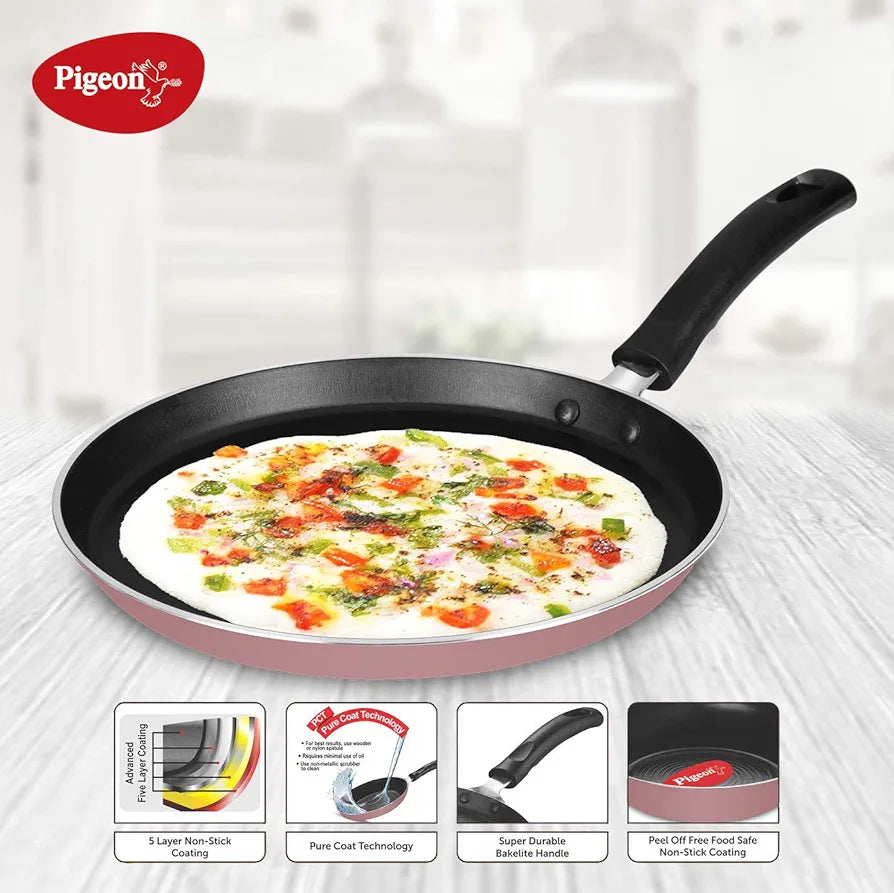 Pigeon Basics Non Induction Base Nons tick Aluminium Cookware set, including Nonstick Dosa Tawa, Nonstick Kadai With Glass Lid, and Nonstick Frying Pan, 