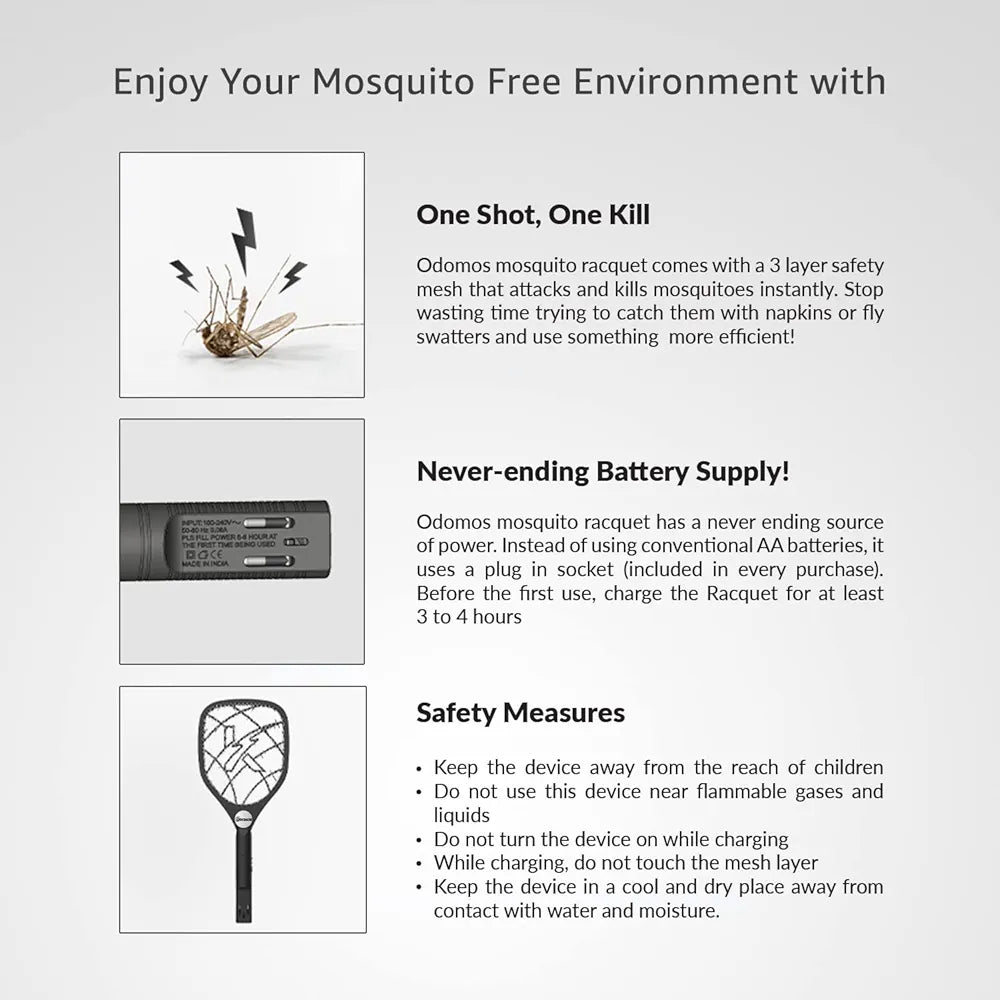 Odomos Attack Anti - Mosquito Rechargeable Racquet | 500mAH Battery | Large Net Area for Better Coverage | Long Lasting Internal Battery with Plug in Socket | 6 Months Warranty 