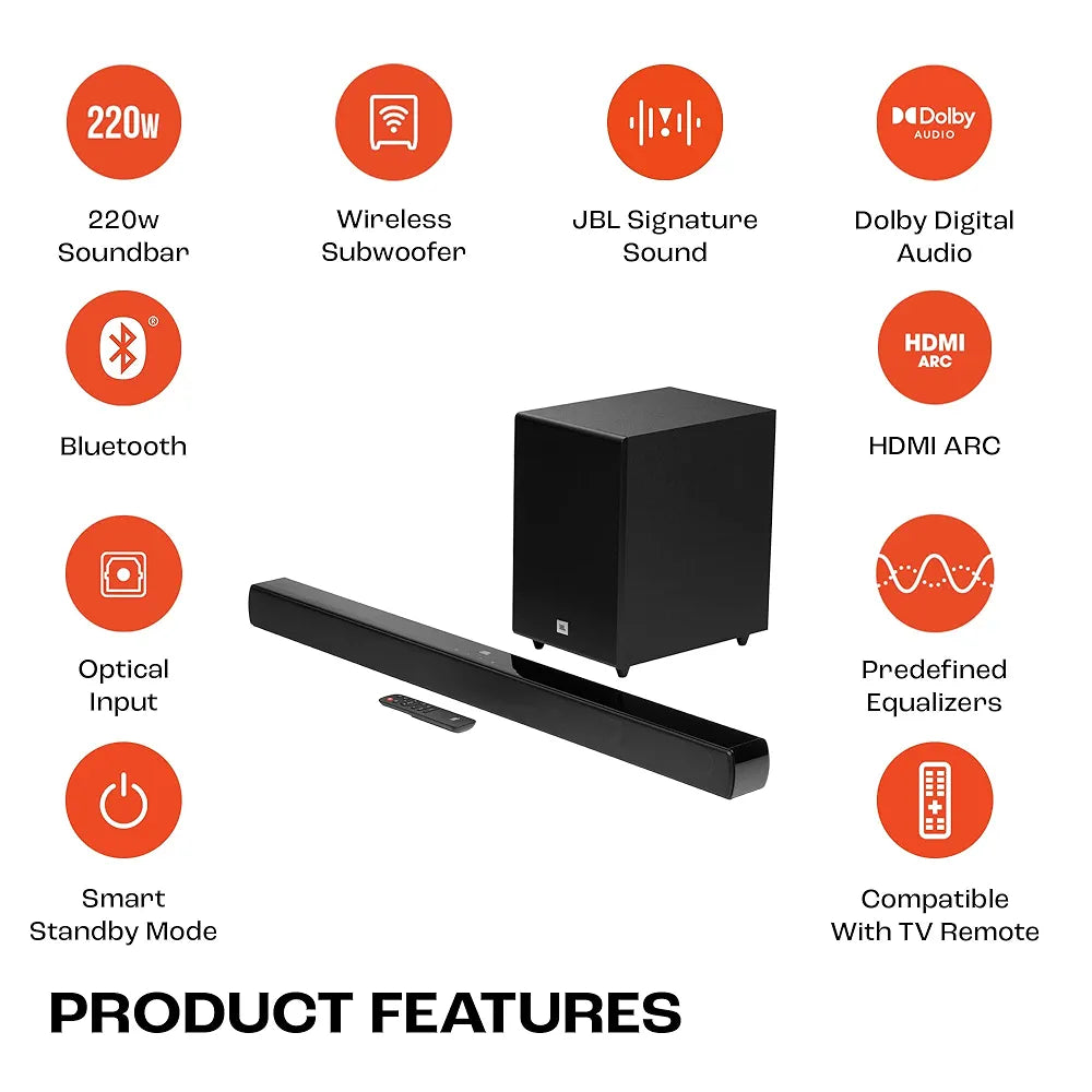 JBL Cinema SB271, Dolby Digital Soundbar with Wireless Subwoofer for Extra Deep Bass, 2.1 Channel Home Theatre with Remote, HDMI ARC, Bluetooth & Optical Connectivity 