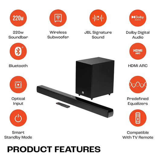 JBL Cinema SB271, Dolby Digital Soundbar with Wireless Subwoofer for Extra Deep Bass, 2.1 Channel Home Theatre with Remote, HDMI ARC, Bluetooth & Optical Connectivity 